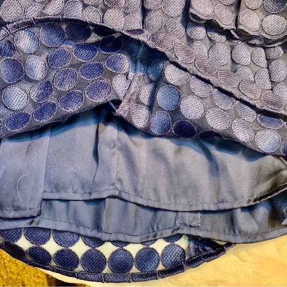 Trina Turk Dress Medium Navy Blue Mini Long Slvs Lace Dots Ruffle Neckline Cuffs - Picture 10 of 16